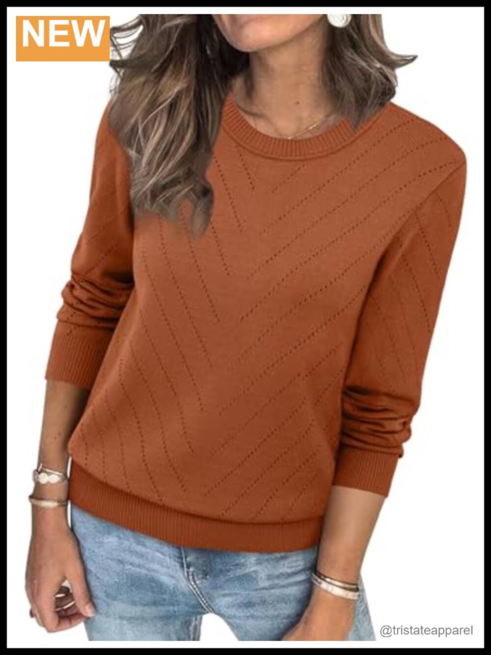Sampeel Womens Crew Neck Long Sleeve Eyelet Knit Sweater Pullover